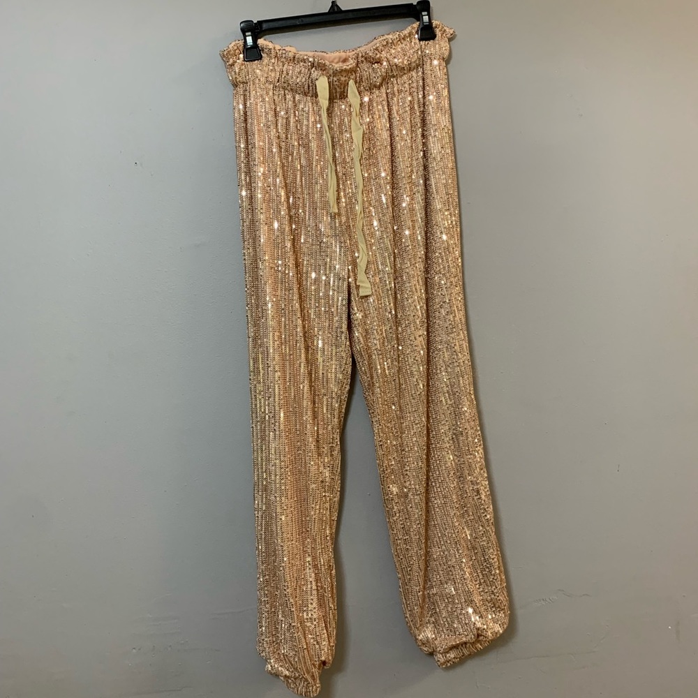 gold / rose gold sequin joggers
